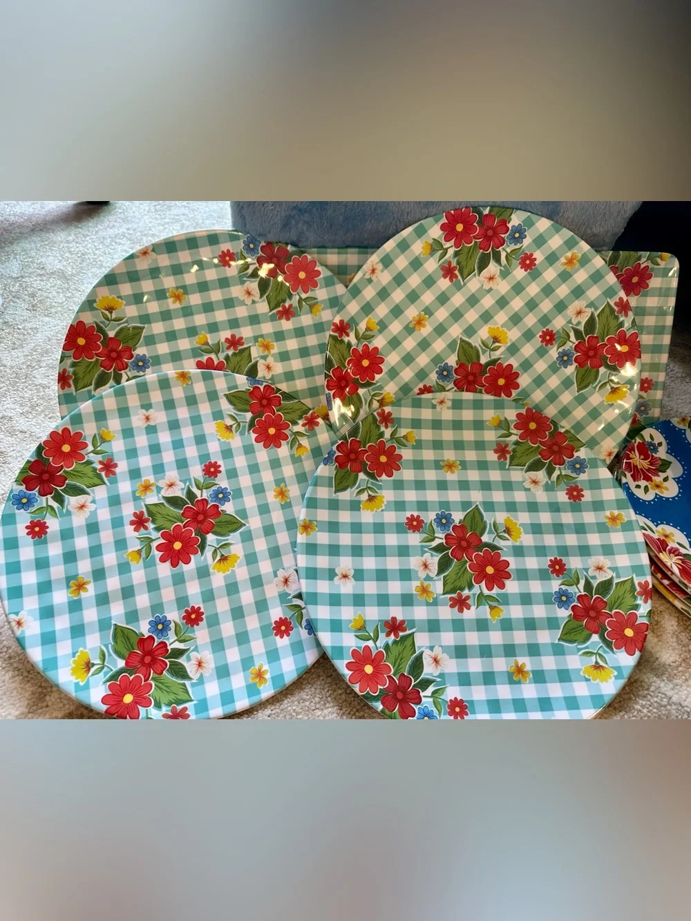 Nancy Green Floral Gingham Melamine Dinnerware Set - Blue & Multi-Color see pics